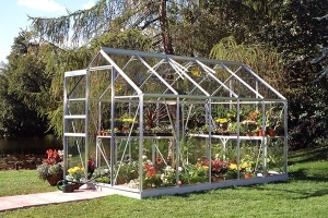 an aluminium greenhouse full of plants
