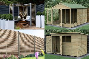 wooden garden products including an arbour, summerhouse, fencing and shed