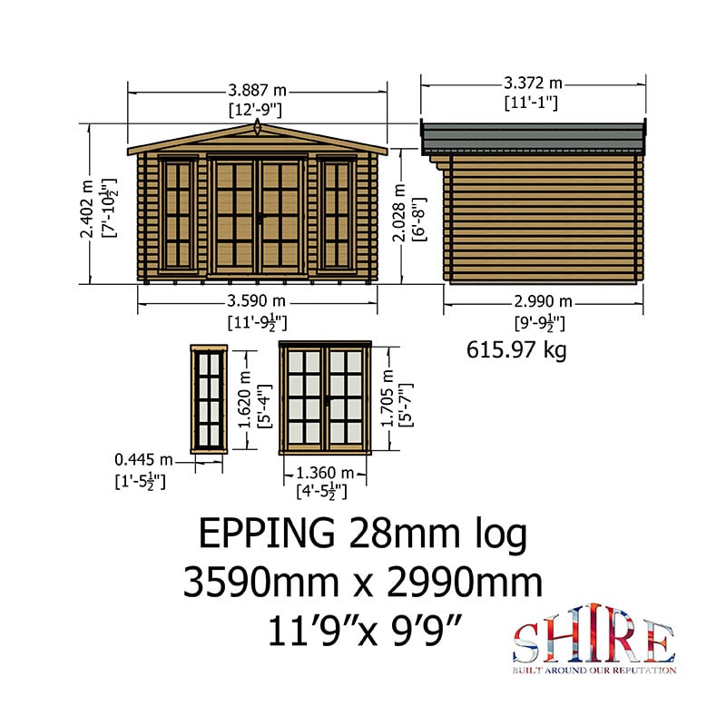 Shire Epping 3.6m x 3m Log Cabin Summerhouse (28mm) Technical Drawing