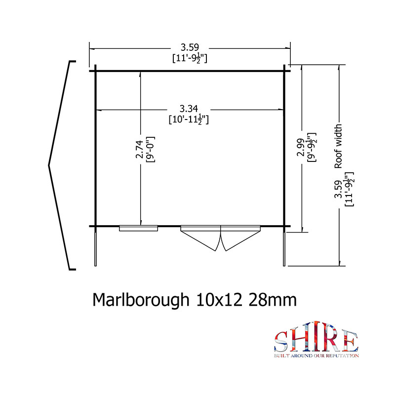 Shire Marlborough 3.6m x 3m Log Cabin Summerhouse (28mm) Technical Drawing