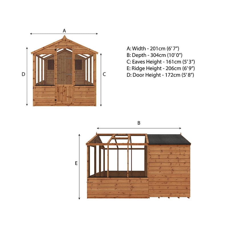 10' x 6' Mercia Shiplap Wooden Apex Greenhouse Combi Shed (3.03m x 1.97m) Technical Drawing