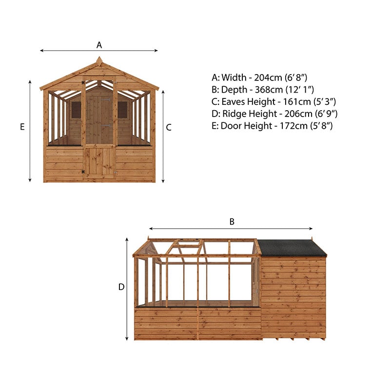 12'x6' (3.6x1.8m) Mercia Shiplap Wooden Apex Greenhouse Combi Shed Technical Drawing