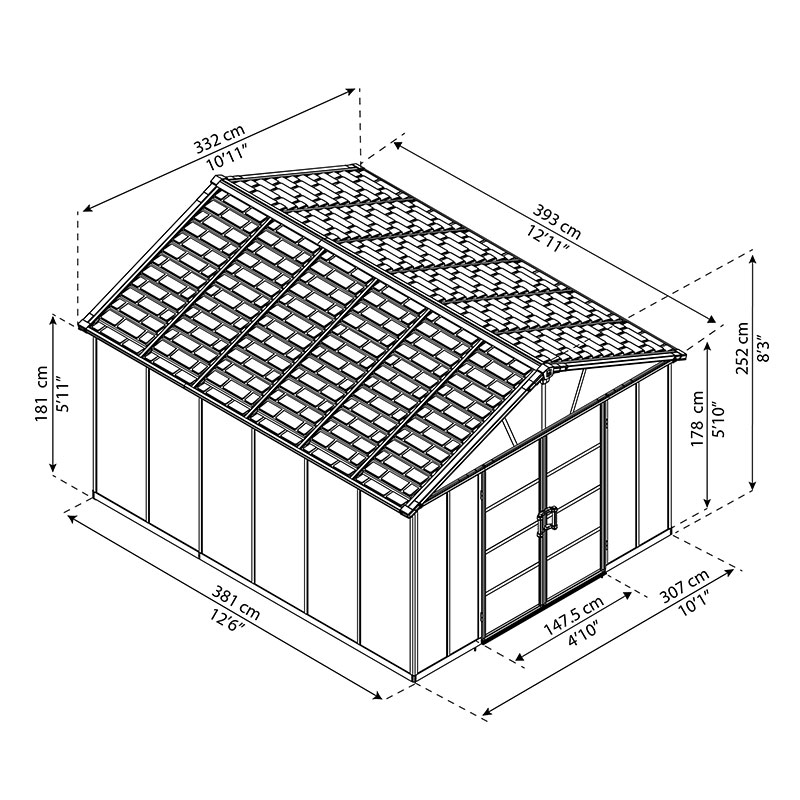 11' x 13.1' Palram Canopia Yukon Dark Grey Skylight Plastic Shed with WPC Floor (3.32m x 3.93m) Technical Drawing