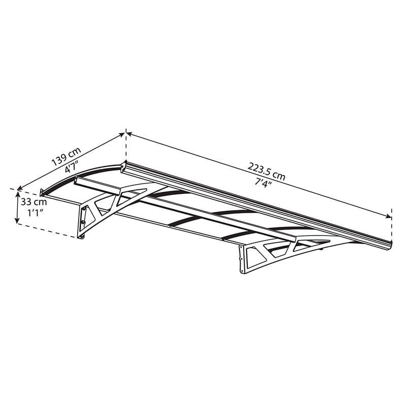 7’4 x 4’7 Palram Canopia Amsterdam 2230 Grey Clear Door Canopy (2.24m x 1.39m) Technical Drawing