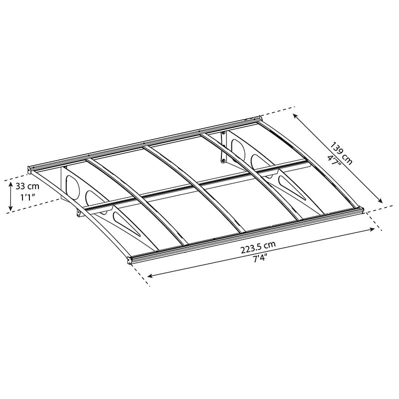 7' x 5' Palram Canopia Bordeaux 2230 Large Door Canopy - White Mist (2.24m x 1.39m) Technical Drawing