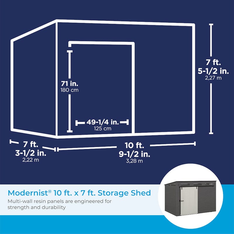 10' x 7' Suncast Modernist Plastic Garden Storage Shed with Barn-Style Door (3.28m x 2.22m) Technical Drawing