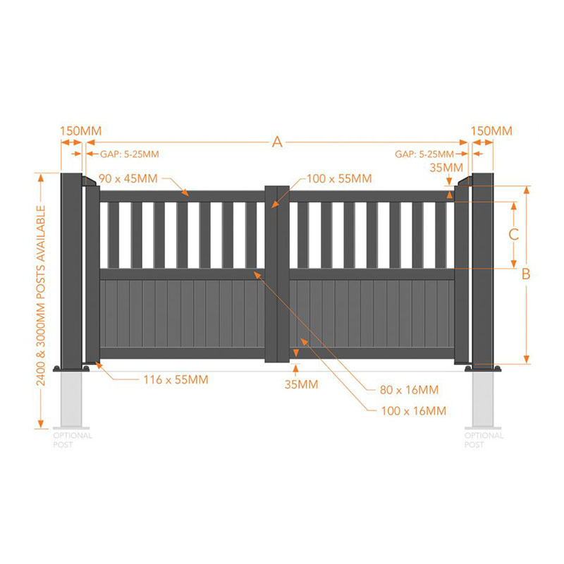 Partial Privacy Premium Aluminium Driveway Double Gates - Grey Technical Drawing