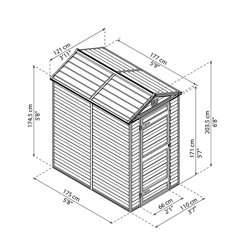 4' x 6' Palram Canopia Grey Skylight Plastic Shed (1.21m x 1.77m) Technical Drawing