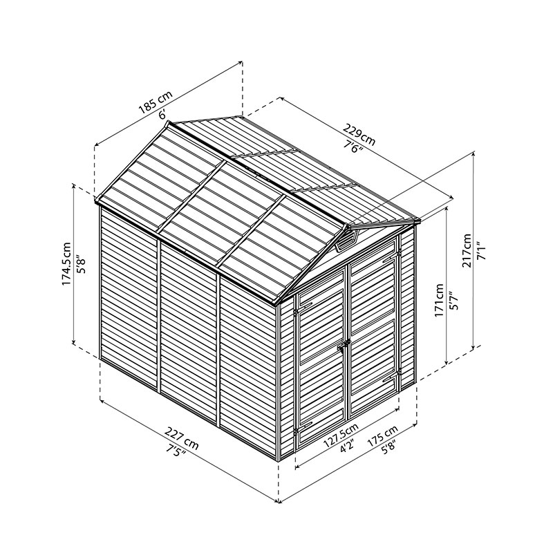 6' x 8' Palram Canopia Grey Skylight Plastic Shed (1.85m x 2.29m) Technical Drawing