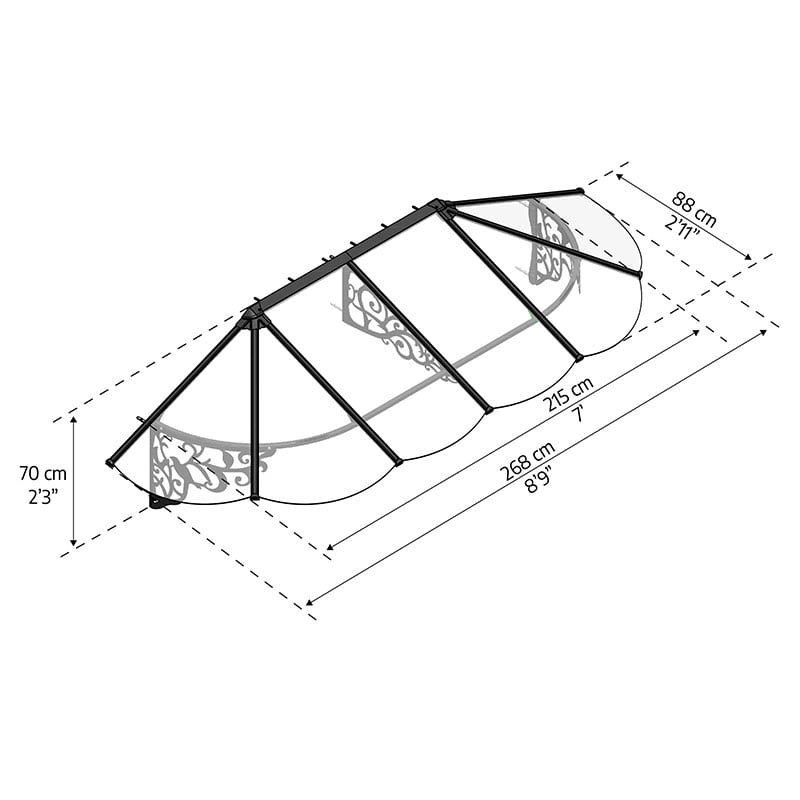 8’9 x 2’11 Palram Canopia Lily 2600 Black Clear Door Canopy (2.67m x 0.88m) Technical Drawing