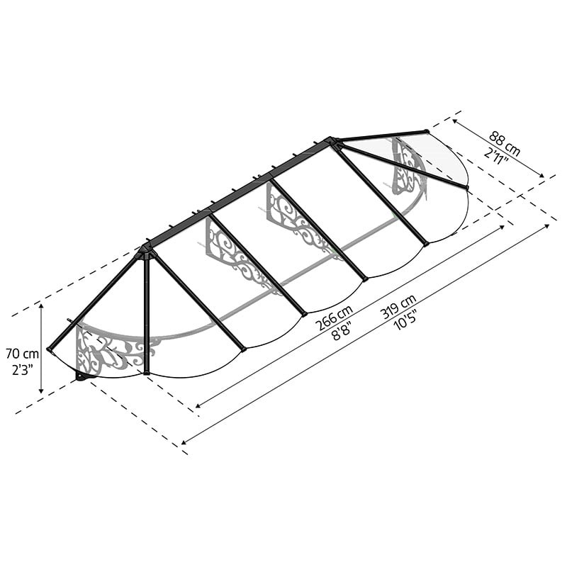 10’6 x 2’11 Palram Canopia Lily 3100 Black Clear Large Door Canopy (3.19m x 0.88m) Technical Drawing