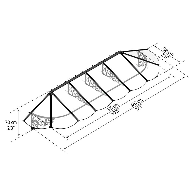 12’2 x 2’11 Palram Canopia Lily 3600 Black Clear Large Door Canopy (3.7m x 0.88m) Technical Drawing