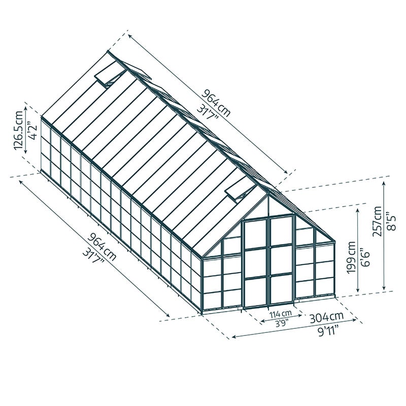 10' x 32' Palram Canopia Balance Silver Extra-Large Greenhouse (3.04m x 9.64m) Technical Drawing