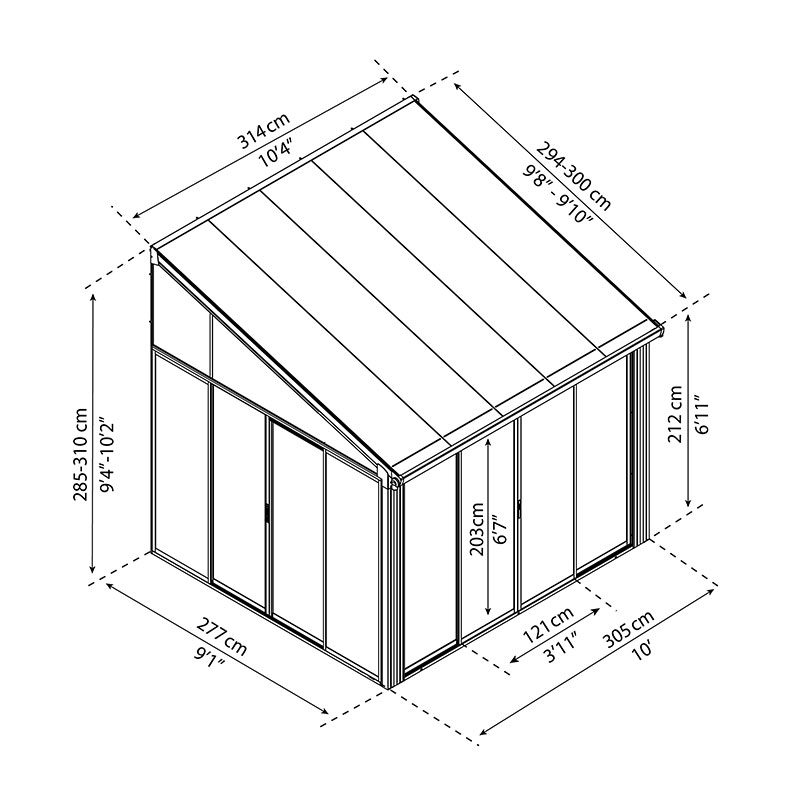 10' x 10' Palram Canopia SanRemo White Lean-To Conservatory (3.05m x 3.05m) Technical Drawing