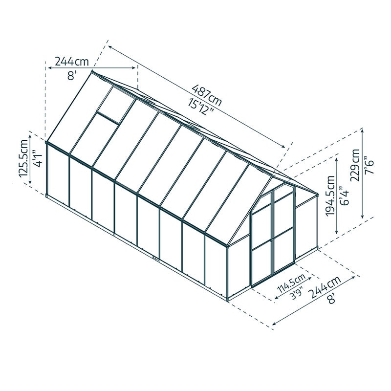 8' x 16' Palram Canopia Essence Large Walk In Aluminium Framed Greenhouse (2.44m x 4.87m) Technical Drawing