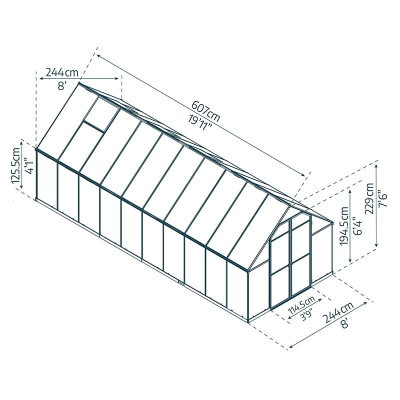 8' x 20' Palram Canopia Essence Large Walk In Aluminium Framed Greenhouse (2.44m x 6.07m) Technical Drawing