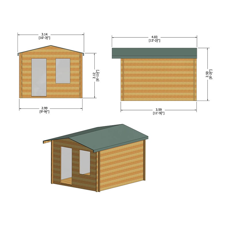 Shire Bucknells 3m x 3.6m Log Cabin Summerhouse (28mm) Technical Drawing