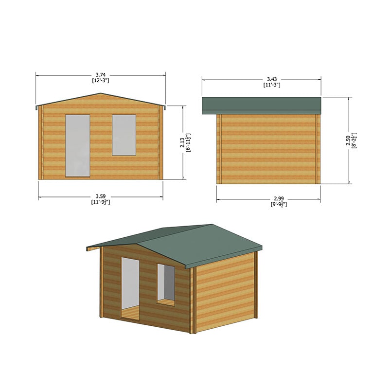 Shire Bucknells 3.6m x 3m Log Cabin Summerhouse (28mm) Technical Drawing