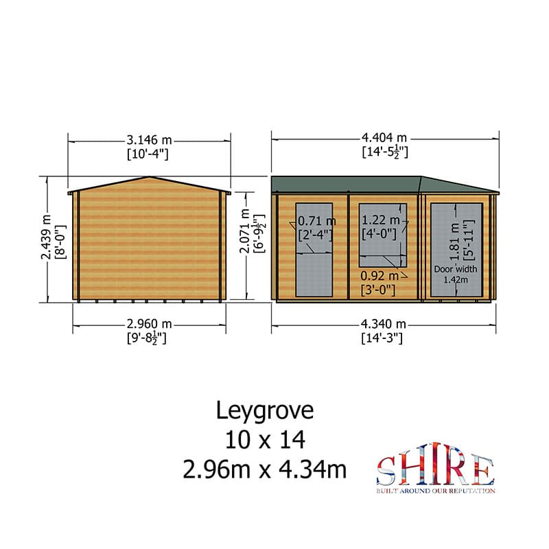 Shire Leygrove 4.3m x 3m Corner Log Cabin Summerhouse with Side Shed (28mm) Technical Drawing