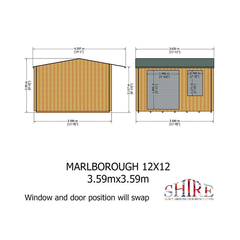 Shire Marlborough 3.6m x 3.6m Log Cabin Summerhouse (28mm) Technical Drawing