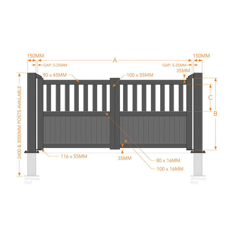 Partial Privacy Premium Aluminium Driveway Double Gates - Black Technical Drawing