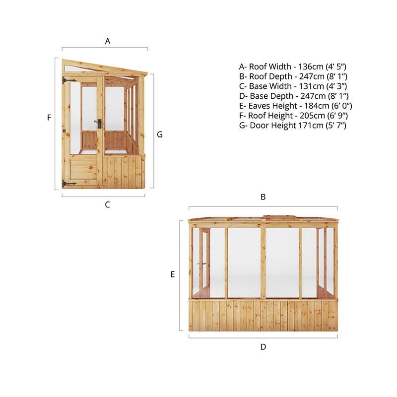 8'2 x 4'4 (2.49x1.32m) Mercia 84 Wooden Lean-To Greenhouse Technical Drawing