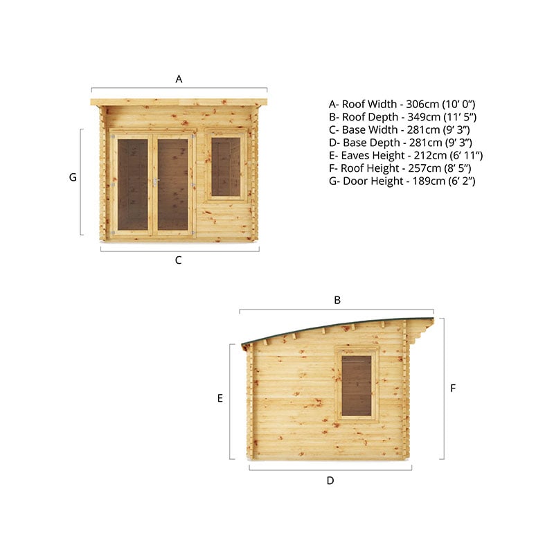 Mercia Helios 3m x 3m Curved Roof Log Cabin (44mm) - Double Glazed Technical Drawing