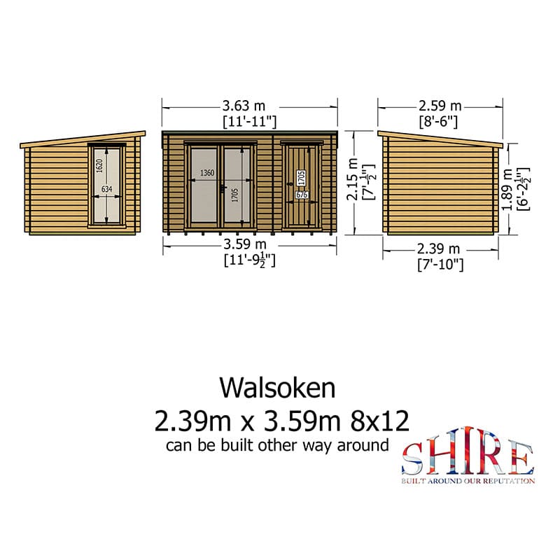 Shire Walsoken 3.6m x 2.4m Log Cabin with Side Shed (19mm) Technical Drawing