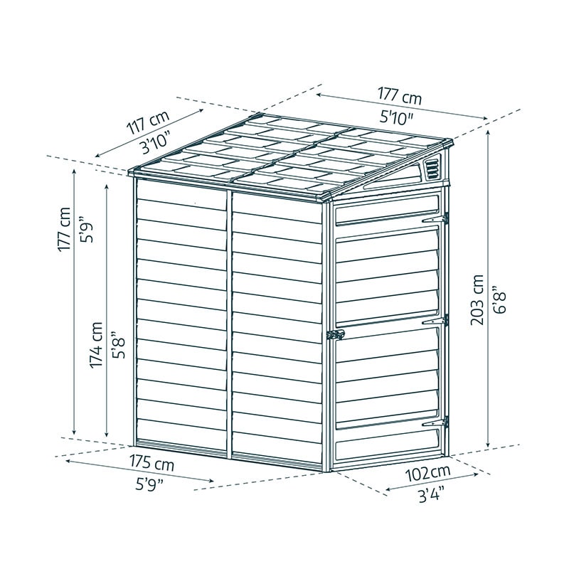 4' x 6' Palram Canopia Grey Skylight Pent Plastic Shed (1.17m x 1.77m) Technical Drawing