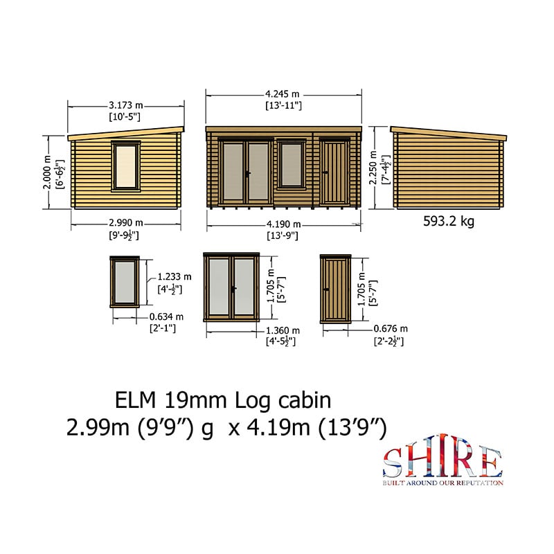 Shire Elm 4.2m x 3m Log Cabin with Side Shed (19mm) Technical Drawing