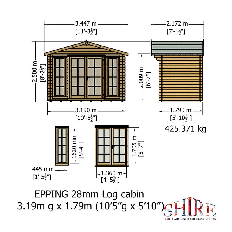 Shire Epping 3.2m x 1.8m Log Cabin Summerhouse (28mm) Technical Drawing