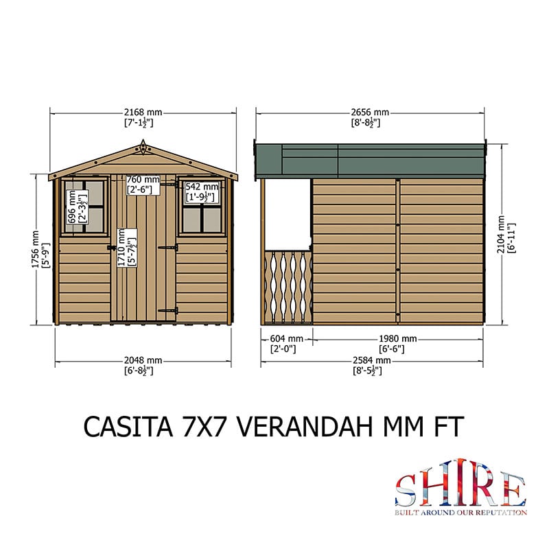 7' x 9' Shire Casita Wooden Summer House including Veranda (2.16m x 2.72m) Technical Drawing
