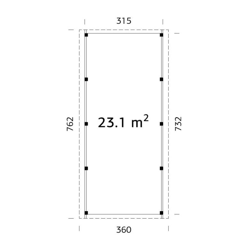 12' x 25' Palmako Karl Wooden Carport (3.6m x 7.6m) Technical Drawing