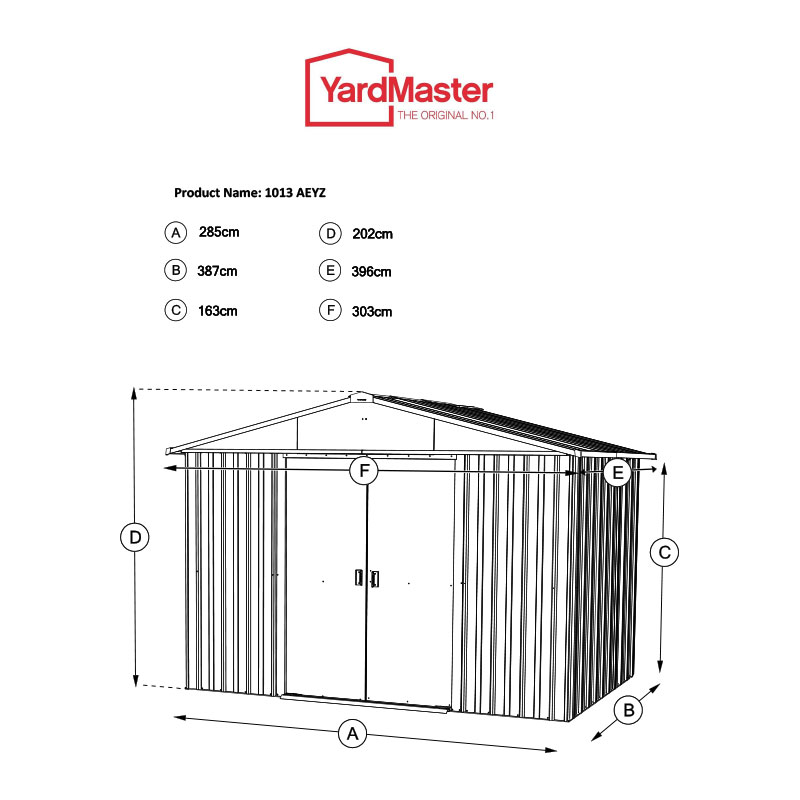 10' x 13' Yardmaster Castleton Anthracite Metal Shed (3m x 3.9m) Technical Drawing