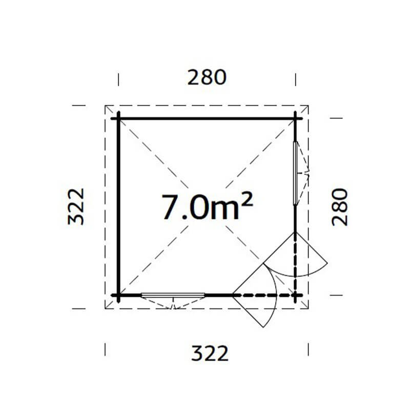 Palmako Melanie 2.8m x 2.8m Corner Log Cabin Summer House (44mm) Technical Drawing
