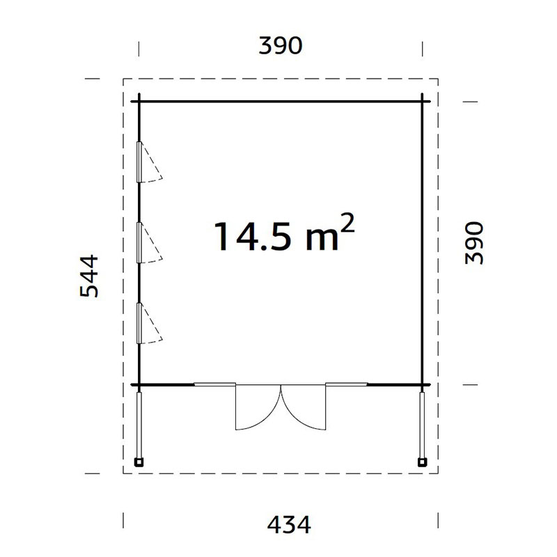 Palmako Caroline 4.3m x 5.4m Pent Log Cabin (44mm) Technical Drawing