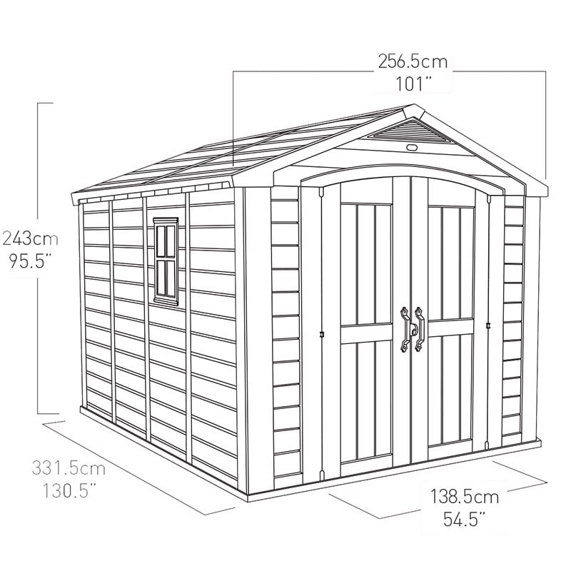 8' x 11' Keter Factor Plastic Garden Shed (2.57m x 3.32m) Technical Drawing