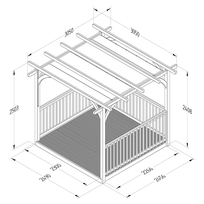 8' x 8' Forest Pergola Deck Kit with Retractable Canopy No. 3 (2.4m x 2.4m) Technical Drawing