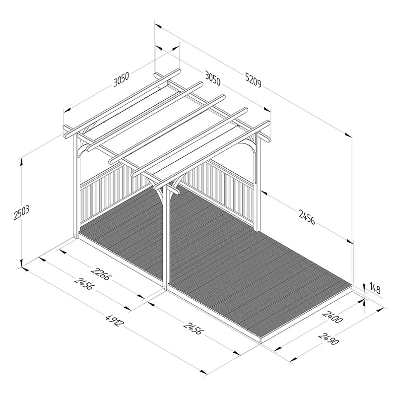 8' x 16' Forest Pergola Deck Kit with Retractable Canopy No. 5 (2.4m x 4.8m) Technical Drawing