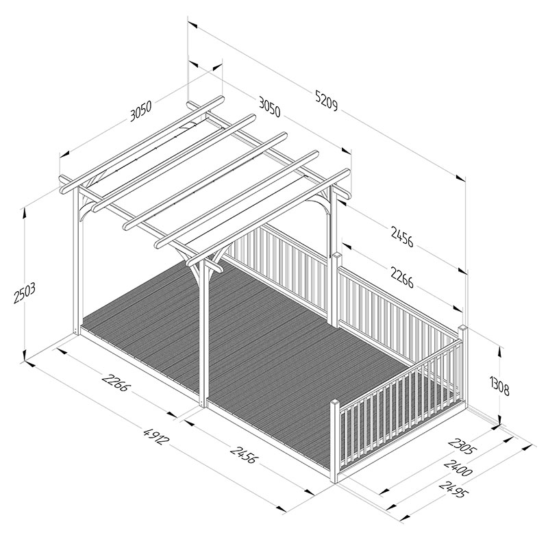 8' x 16' Forest Pergola Deck Kit with Retractable Canopy No. 7 (2.4m x 4.8m) Technical Drawing