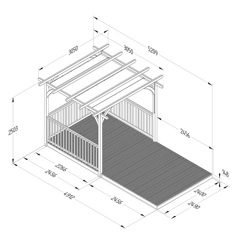 8' x 16' Forest Pergola Deck Kit with Retractable Canopy No. 9 (2.4m x 4.8m) Technical Drawing