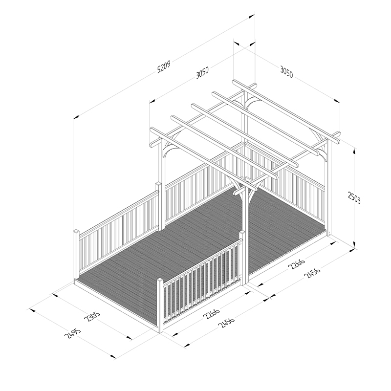 8' x 16' Forest Pergola Deck Kit with Retractable Canopy No. 11 (2.4m x 4.8m) Technical Drawing