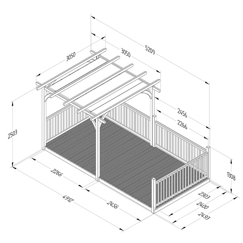 16' x 8' Forest Large Pergola Deck Kit with Retractable Canopy (4.88m x 2.44m) Technical Drawing