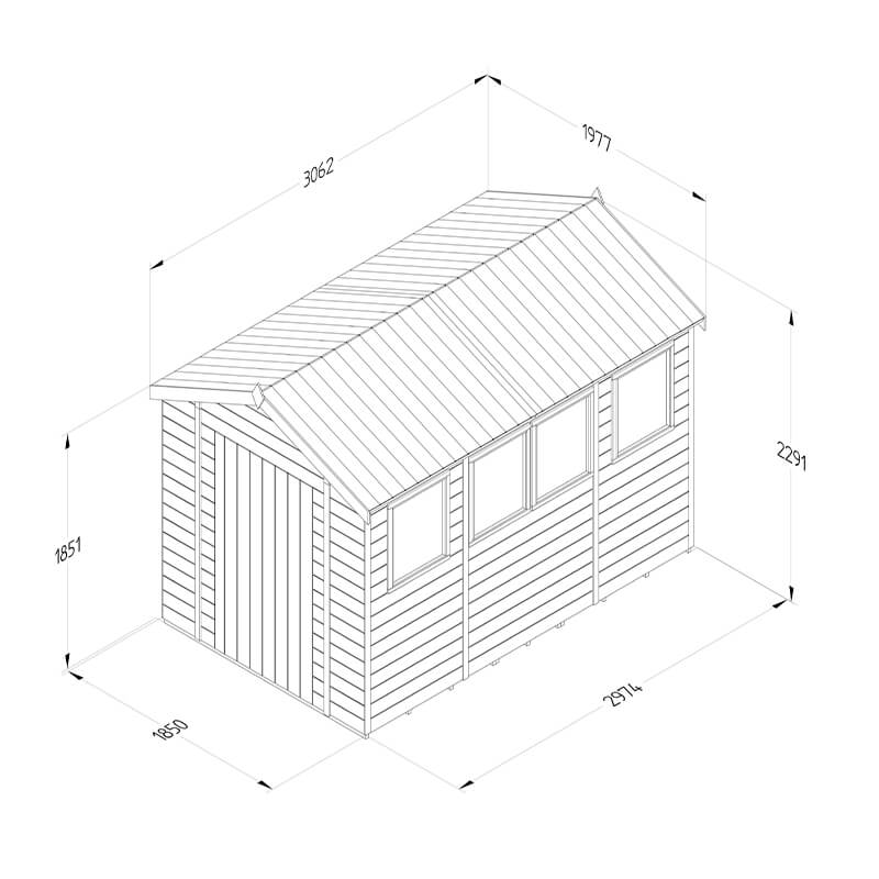 10' x 6' Forest Timberdale 25yr Guarantee Tongue & Groove Pressure Treated Apex Shed – 4 Windows (3.06m x 1.98m) Technical Drawing