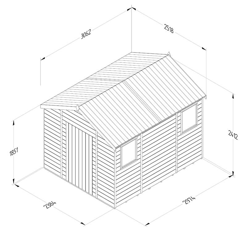 10' x 8' Forest Timberdale 25yr Guarantee Tongue & Groove Pressure Treated Apex Shed (3.06m x 2.52m) Technical Drawing