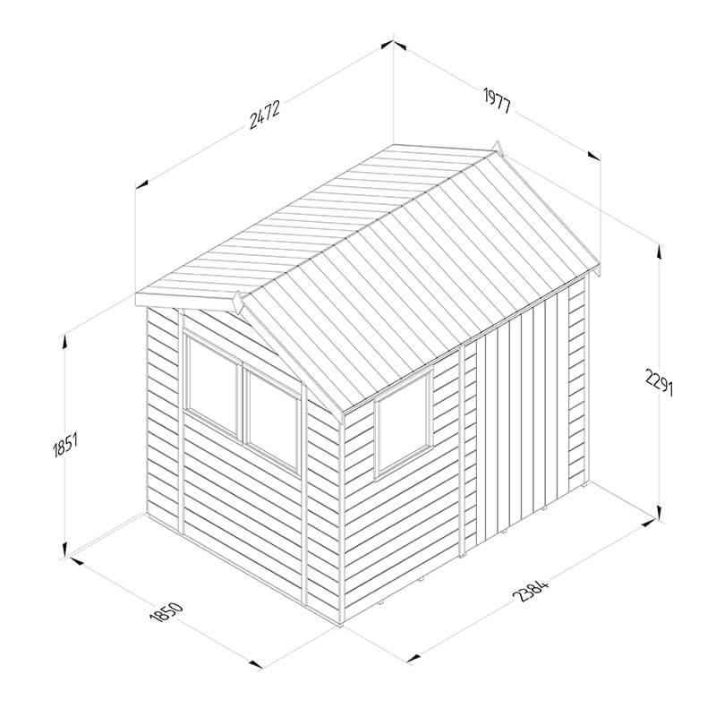 8' x 6' Forest Timberdale 25yr Guarantee Tongue & Groove Pressure Treated Apex Shed – 3 Windows (2.5m x 1.98m) Technical Drawing