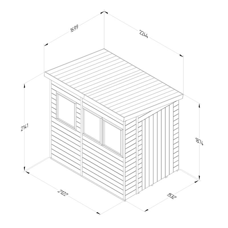 7' x 5' Forest Timberdale 25yr Guarantee Tongue & Groove Pressure Treated Pent Shed – 3 Windows (2.24m x 1.70m) Technical Drawing
