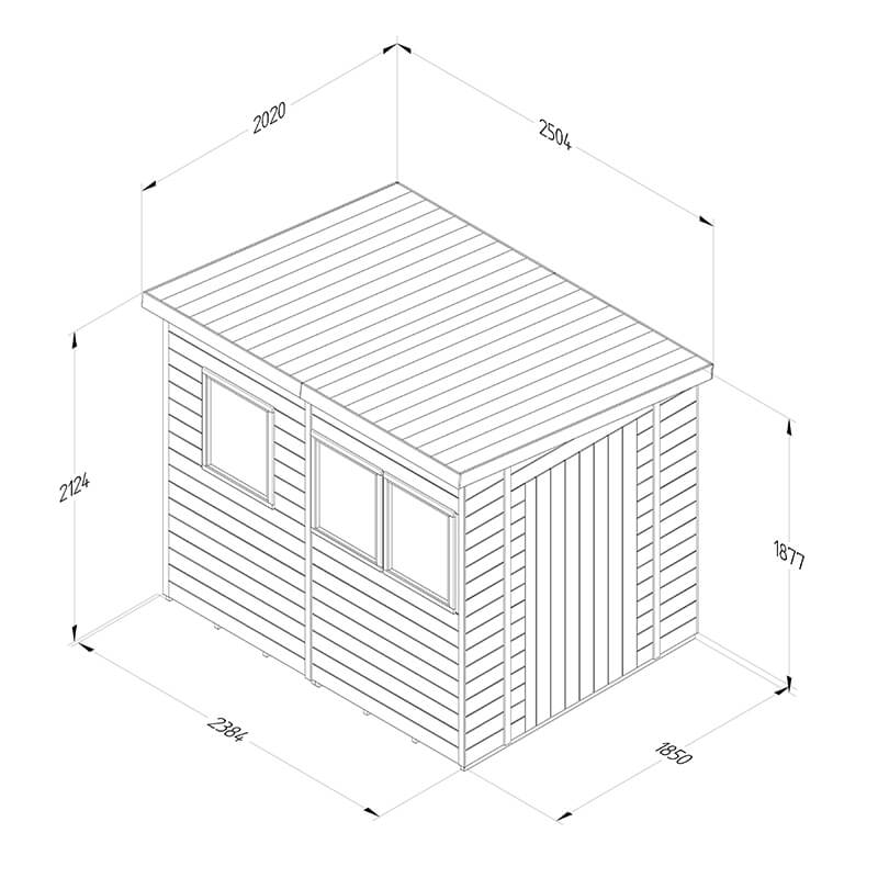 8' x 6' Forest Timberdale 25yr Guarantee Tongue & Groove Pressure Treated Pent Shed – 3 Windows (2.5m x 2m) Technical Drawing