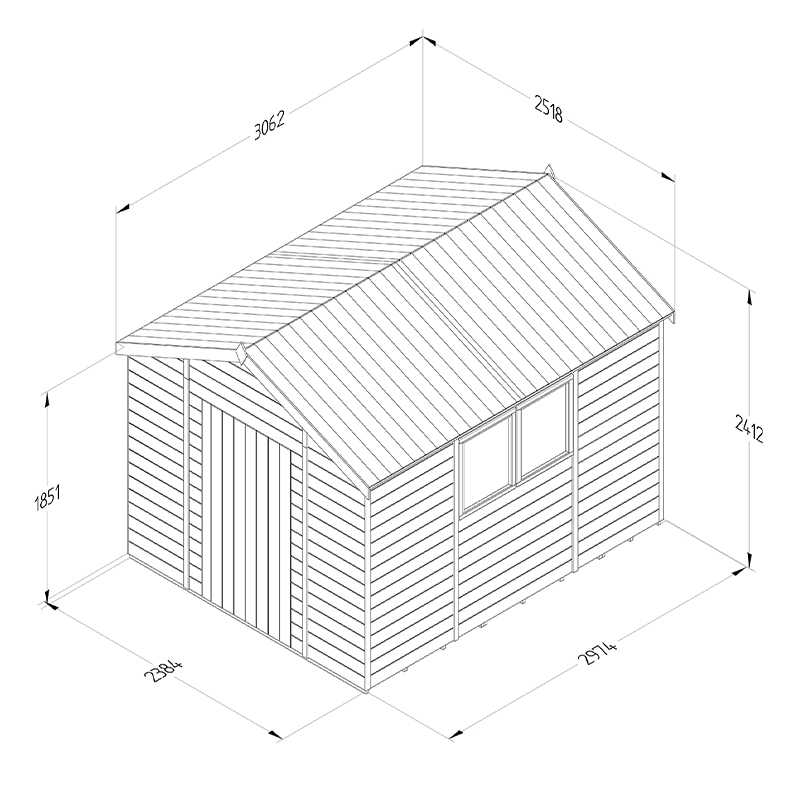 10' x 8' Forest Timberdale 25yr Guarantee Tongue & Groove Pressure Treated Apex Shed (3.06m x 2.52m) Technical Drawing