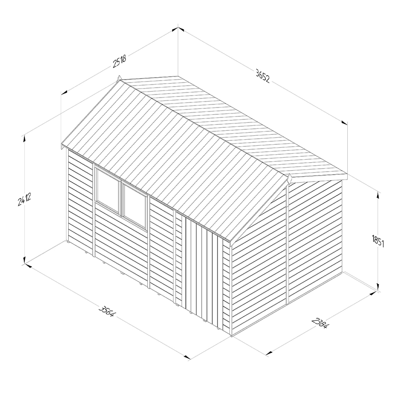 12' x 8' Forest Timberdale 25yr Guarantee Tongue & Groove Pressure Treated Reverse Apex Shed (3.65m x 2.52m) Technical Drawing
